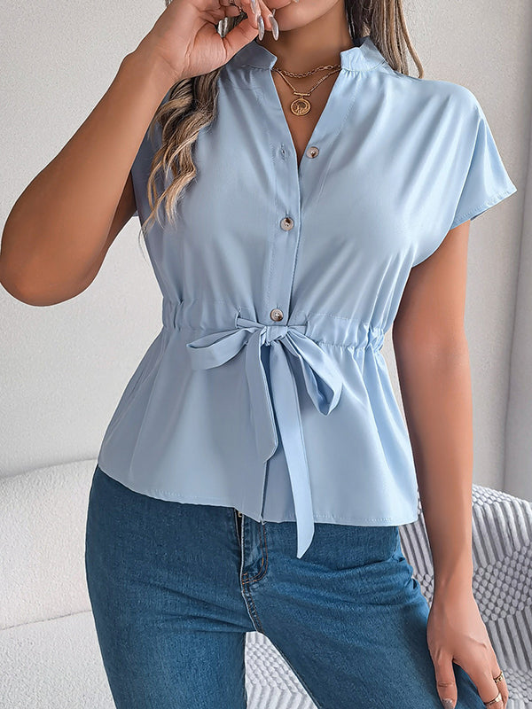 Buttoned Comfort Solid Color Tied Waist Short Sleeves Stand Collar Blouses&Shirts Tops