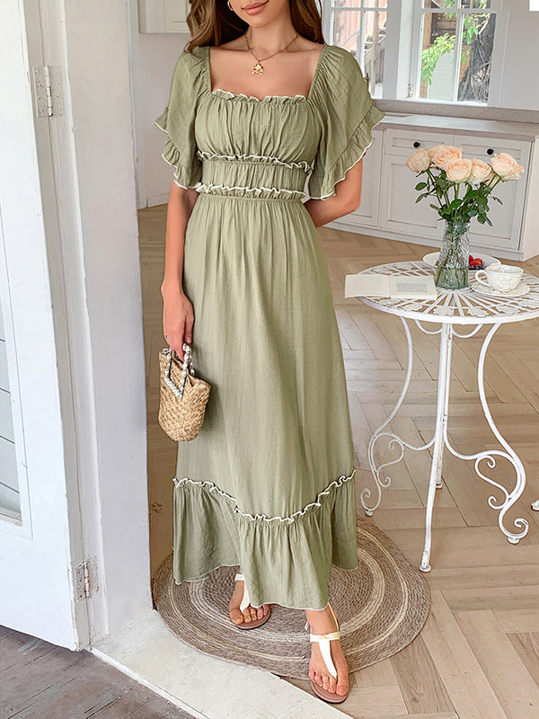 Pleated Ruffle Trim Split-Joint Zipper A-Line High Waisted Square-Neck Midi Dresses