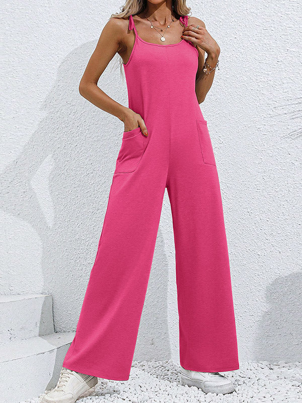 Pockets Solid Color Tied High Waisted Sleeveless Spaghetti-Neck Jumpsuits