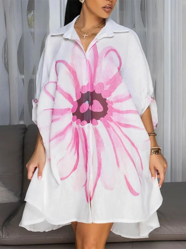 Buttoned Flower Print Half Sleeves Loose Lapel Shirt Dress Mini Dresses