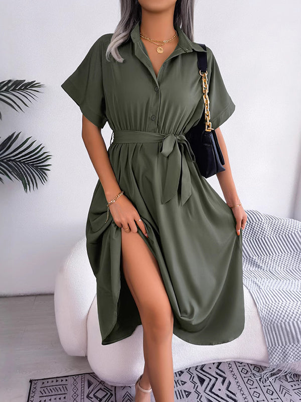 Solid Color Split-Joint Tied Waist Loose Short Sleeves Lapel Shirt Dress Midi Dresses