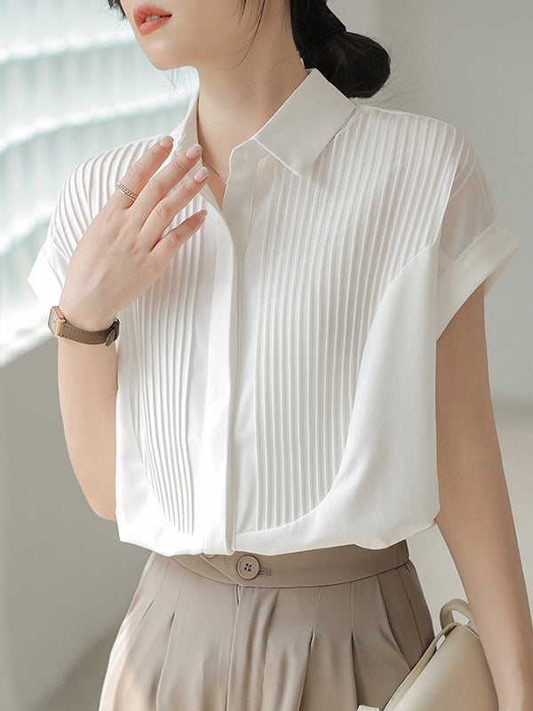 Buttoned Pleated Solid Color Split-Joint Loose Short Sleeves Lapel Blouses&Shirts Tops