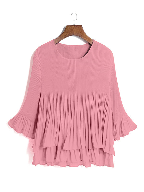 Original Loose Solid Color Pleated Falbala T-Shirt Top