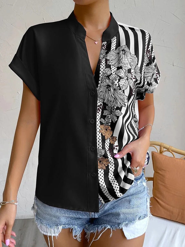 Buttoned Contrast Color Flower Print Striped Loose Short Sleeves V-Neck Blouses&Shirts Tops
