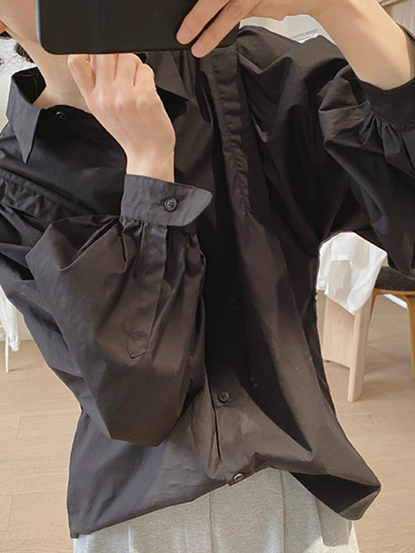 Solid Color Loose Puff Sleeves Lapel Blouses