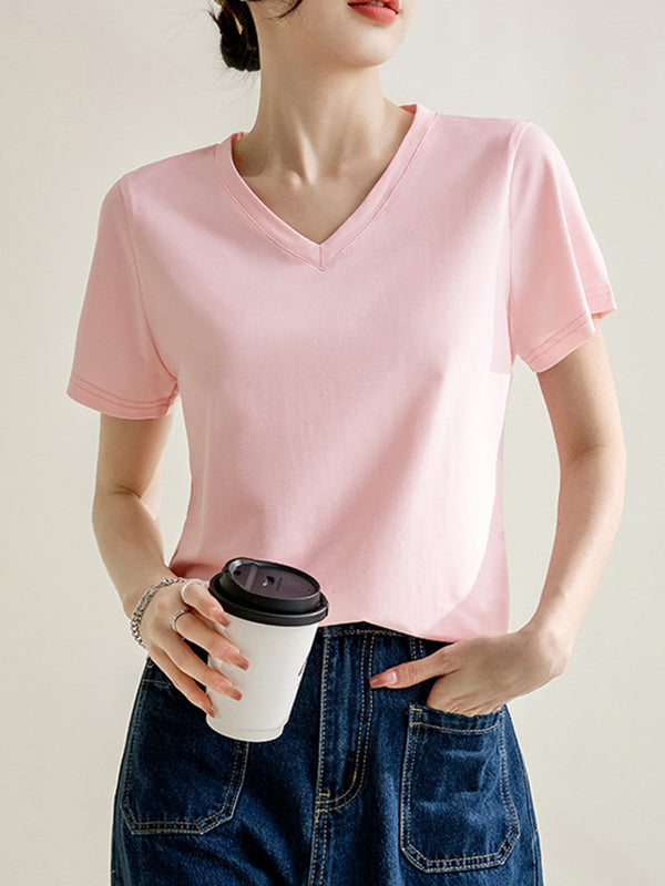 Solid Color Loose Short Sleeves V-Neck T-Shirts Tops