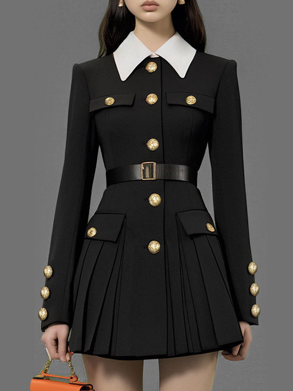 Belted Buttoned Contrast Color Pleated Single-Breasted Elasticated Waist Long Sleeves Lapel Shirt Dress Mini Dresses