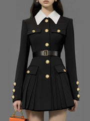 Belted Buttoned Contrast Color Pleated Single-Breasted Elasticated Waist Long Sleeves Lapel Shirt Dress Mini Dresses