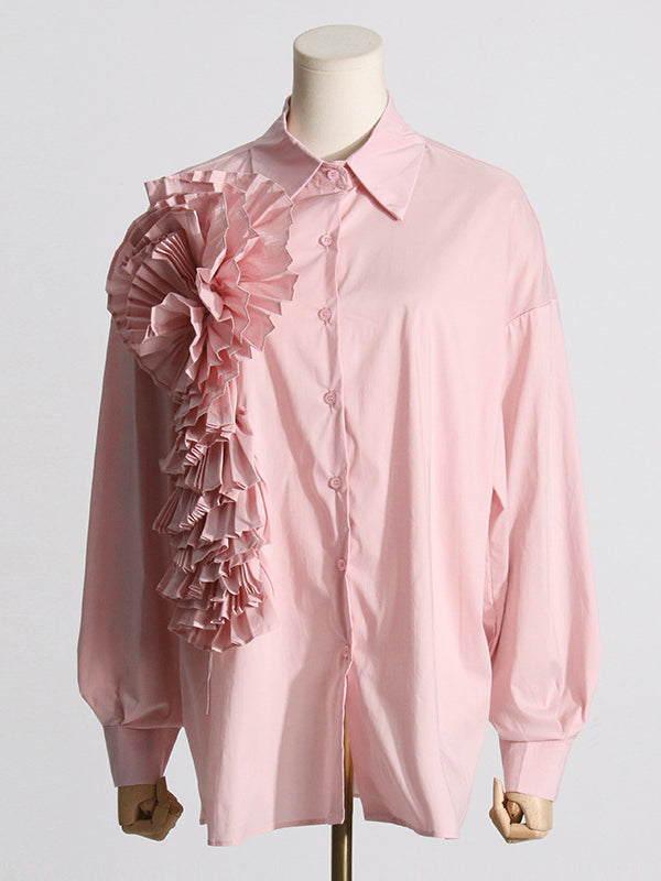 Asymmetric Buttoned Pleated Solid Color Split-Joint Three-Dimensional Flower Long Sleeves Loose Lapel Blouses&Shirts Tops