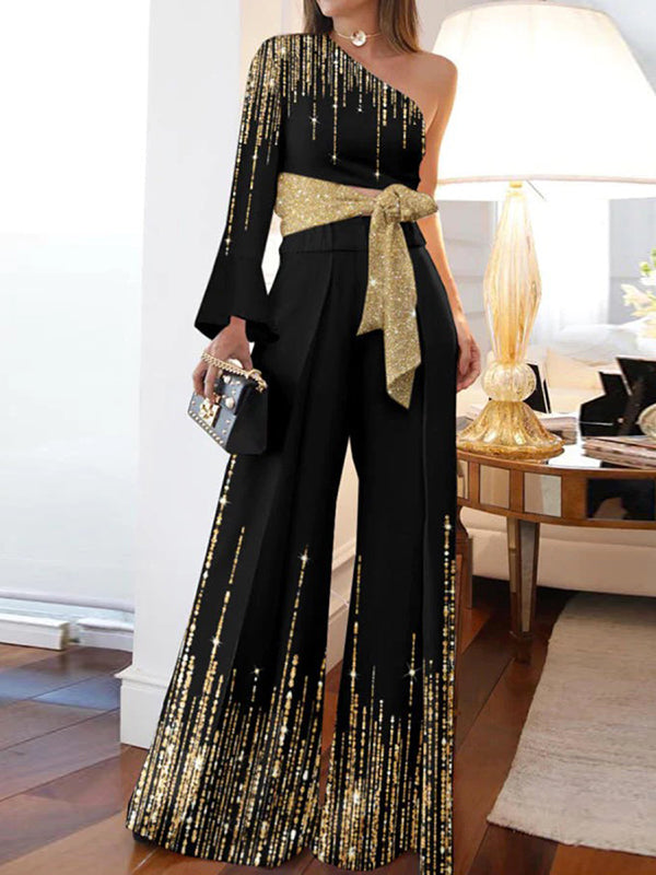 Printed Shiny Tied Waist Long Sleeves Loose One-Shoulder Jumpsuits