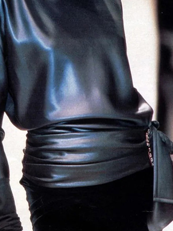 Long Sleeves Loose Solid Color Split-Joint Stand Collar PU Shirts Tops