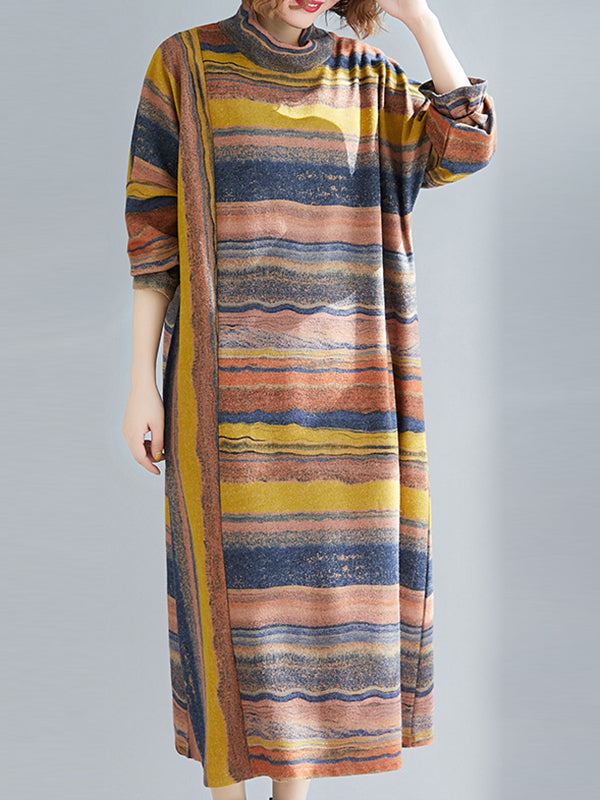 Asymmetric Striped A-Line Long Sleeves High Neck Midi Dresses