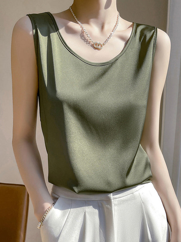 Solid Color Loose Sleeveless Round-Neck Vest Top