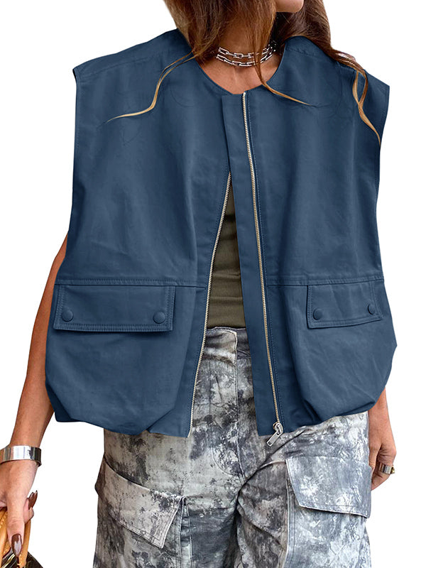 Pockets Split-Joint Zipper Loose Sleeveless Round-Neck Vest Outerwear