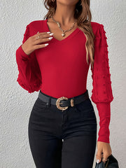 Jacquard Mesh See-Through Solid Color Split-Joint Long Sleeves Puff Sleeves V-Neck T-Shirts Tops
