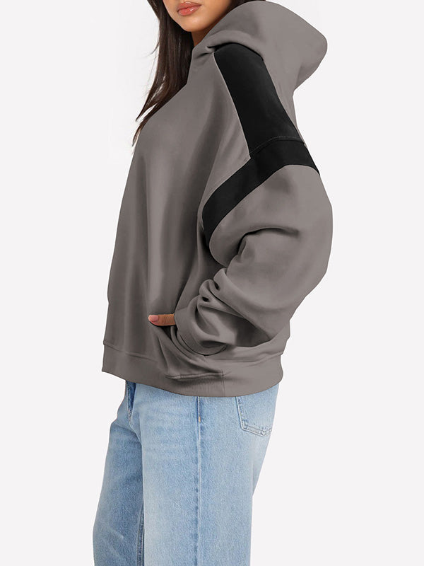 Contrast Color Pockets Split-Joint Hooded Long Sleeves Hoodies Tops