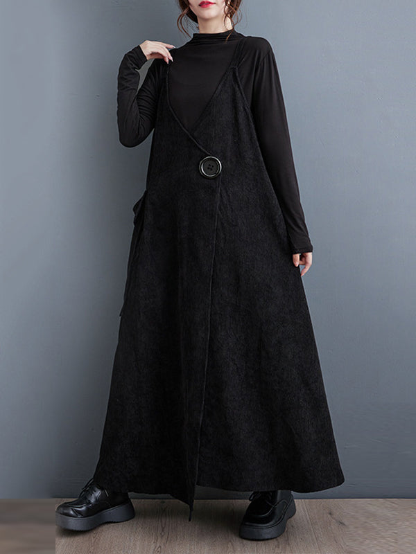 Adjustable Asymmetric Buttoned Pockets Solid Color A-line High-low Spaghetti-Neck Midi Dresses