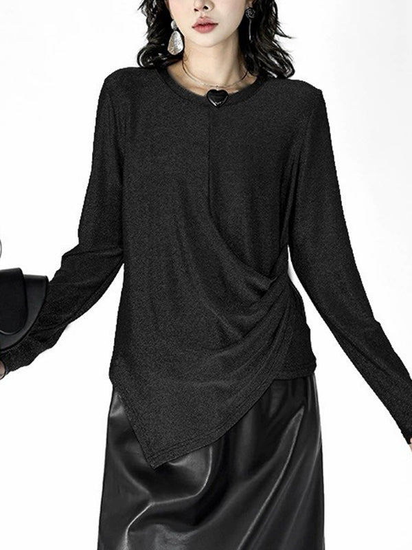 Asymmetric Solid Color Hipster Long Sleeves Round-Neck T-Shirts Tops