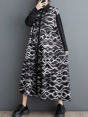 Buttoned Contrast Color Printed A-Line Long Sleeves Lapel Shirt Dress Midi Dresses