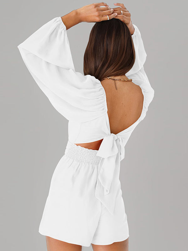 Backless Elasticity Solid Color Tied High Waisted Long Sleeves Square-Neck Rompers
