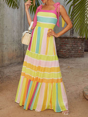 Contrast Color Pleated Split-Joint Zipper Loose Sleeveless Spaghetti-Neck Maxi Dresses