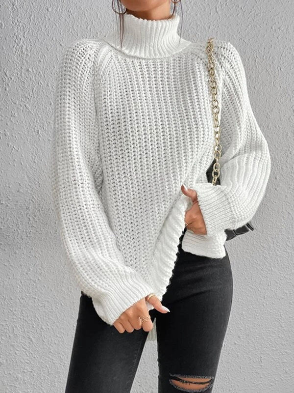 Solid Color Split-side Long Sleeves Loose High Neck Sweater Tops Pullovers