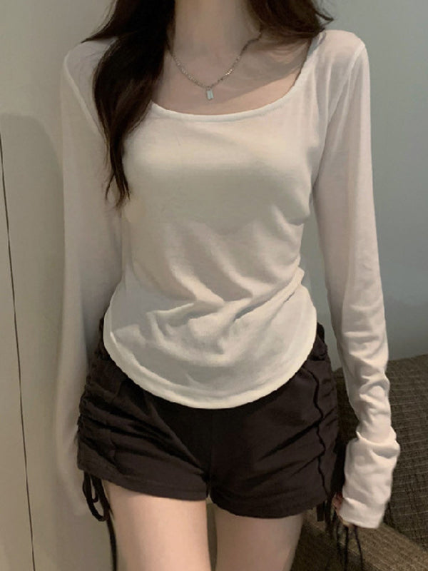 Solid Color Long Sleeves Skinny Square-Neck T-Shirts Tops