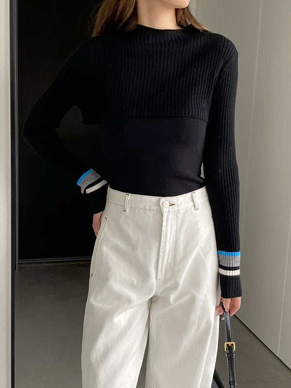 Contrast Color Long Sleeves Loose Round-Neck Two Pieces Set Cover-Ups Tops