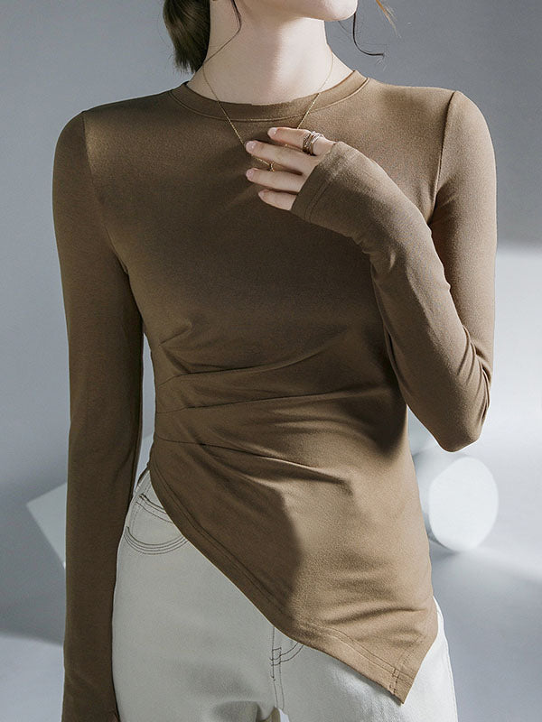 Asymmetric Pleated Solid Color Long Sleeves Skinny Round-Neck T-Shirts Tops