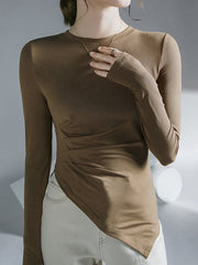 Asymmetric Pleated Solid Color Long Sleeves Skinny Round-Neck T-Shirts Tops