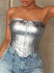 Solid Color Split-Joint Zipper Skinny Sleeveless Tube Vest Top