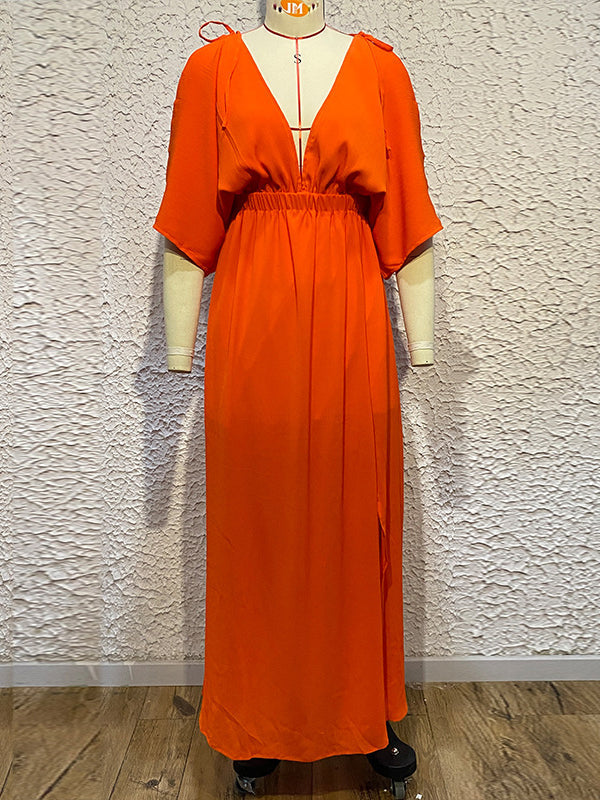 Solid Color Split-front Batwing Sleeves Loose Deep V-Neck Maxi Dresses