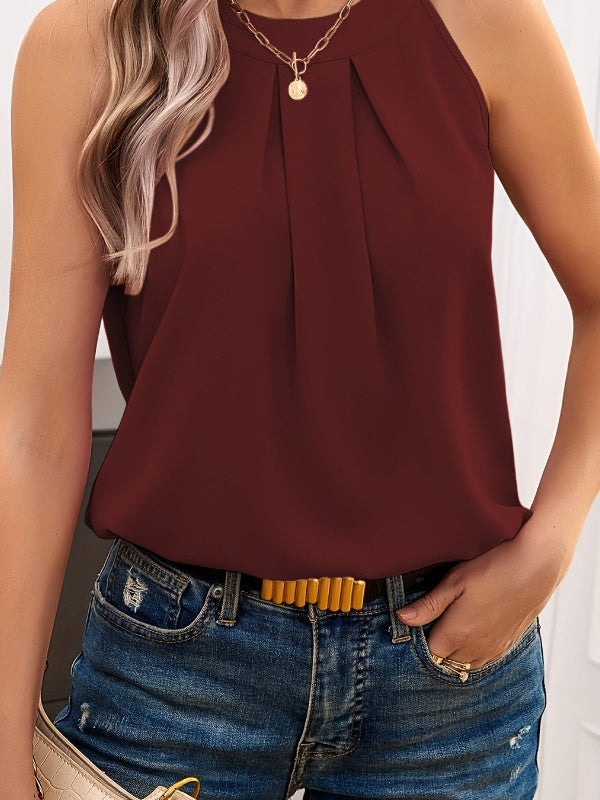 Solid Color Split-Joint Loose Sleeveless Round-neck Vest Top