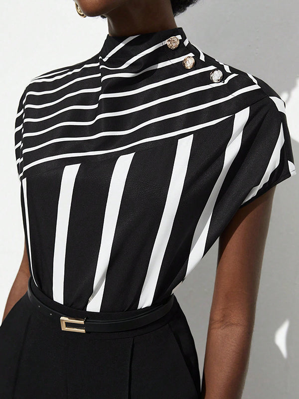 Asymmetric Split-Joint Striped Batwing Sleeves Loose High Neck T-Shirts Tops