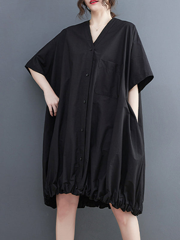 Elasticity Solid Color Half Sleeves Loose V-Neck Mini Dresses