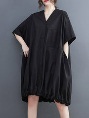 Elasticity Solid Color Half Sleeves Loose V-Neck Mini Dresses