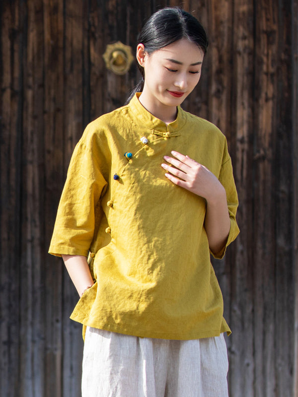 Artistic Retro Loose Half Sleeves Buttoned Contrast Color Stand Collar Blouses&Shirts Tops