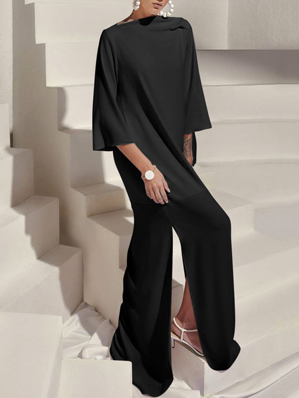 Solid Color Split-Side Loose Three-Quarter Sleeves Boat Neck Maxi Dresses