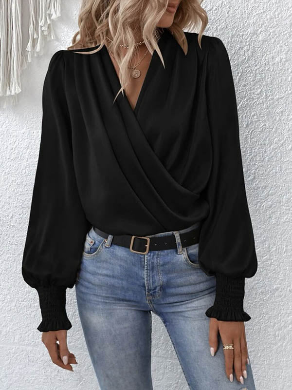 Elasticity Solid Color Long Sleeves Loose V-Neck Blouses&Shirts Tops