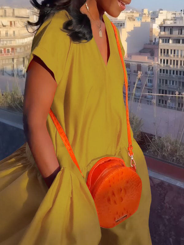 Pleated Pockets Solid Color Split-Joint Loose Short Sleeves V-Neck Maxi Dresses