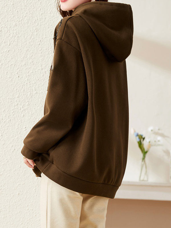 Drawstring Heart Print Rhine Stones Velvet Long Sleeves Loose Hoodies Tops