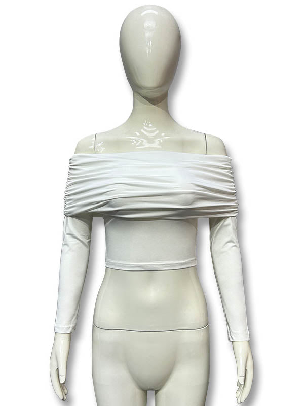 Pleated See-Through Solid Color Split-Joint Skinny Off-the-shoulder T-shirts