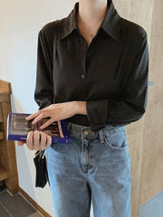 Buttoned Comfort Solid Color Long Sleeves Plus Size Lapel Blouses&Shirts Tops