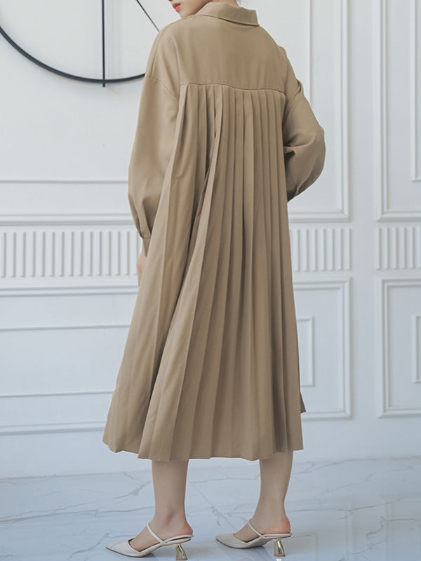 Buttoned Split-side Loose Three-quarter Sleeves Lapel Shirt Dress Midi Dresses