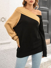 Contrast Color Hollow Split-Joint Loose Puff Sleeves Off-The-Shoulder Sweater