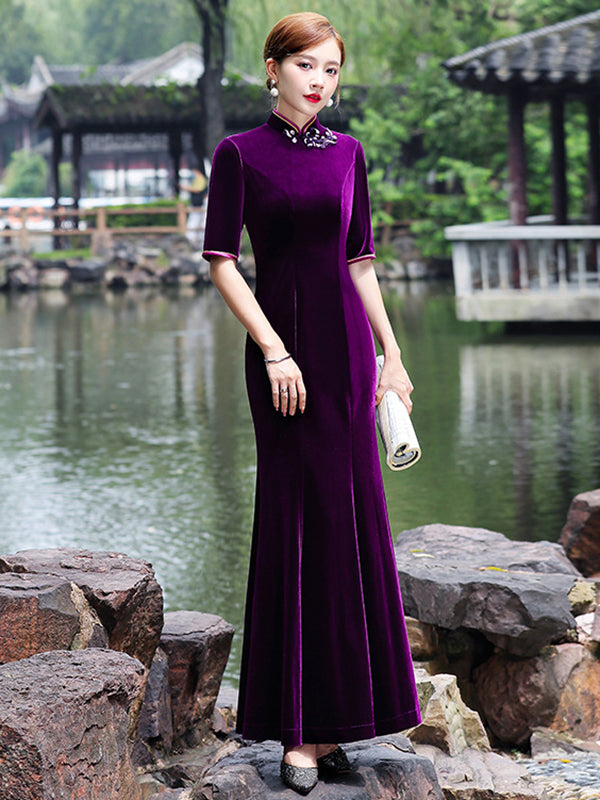 Original Applique Pleuche Stand Collar Half Sleeves Long Cheongsams