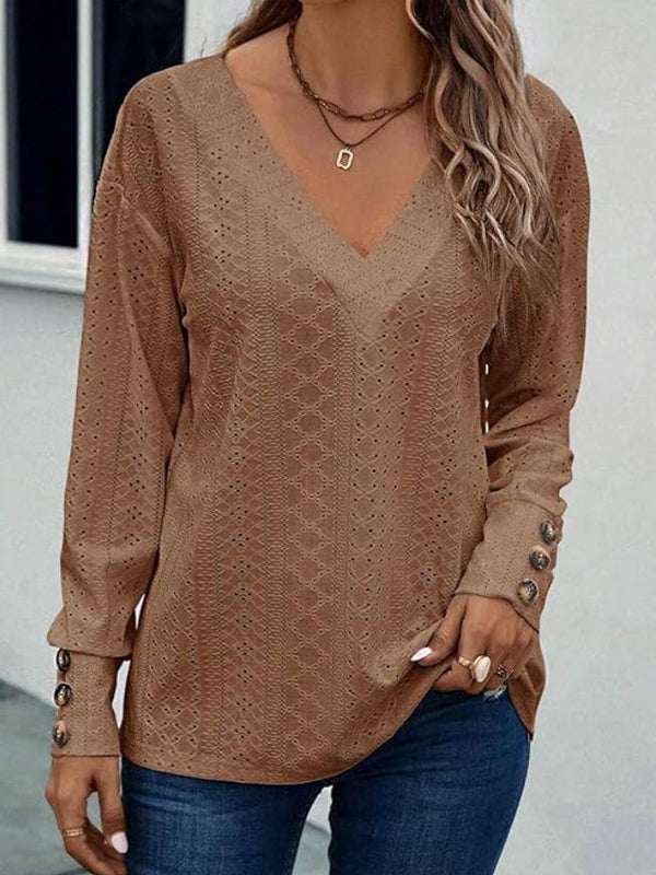 Buttoned Solid Color Long Sleeves Loose V-Neck T-Shirts Tops