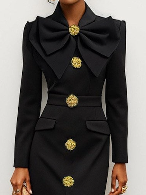 Buttoned Solid Color Split-front Long Sleeves Skinny Stand Collar Shirt Dress Midi Dresses