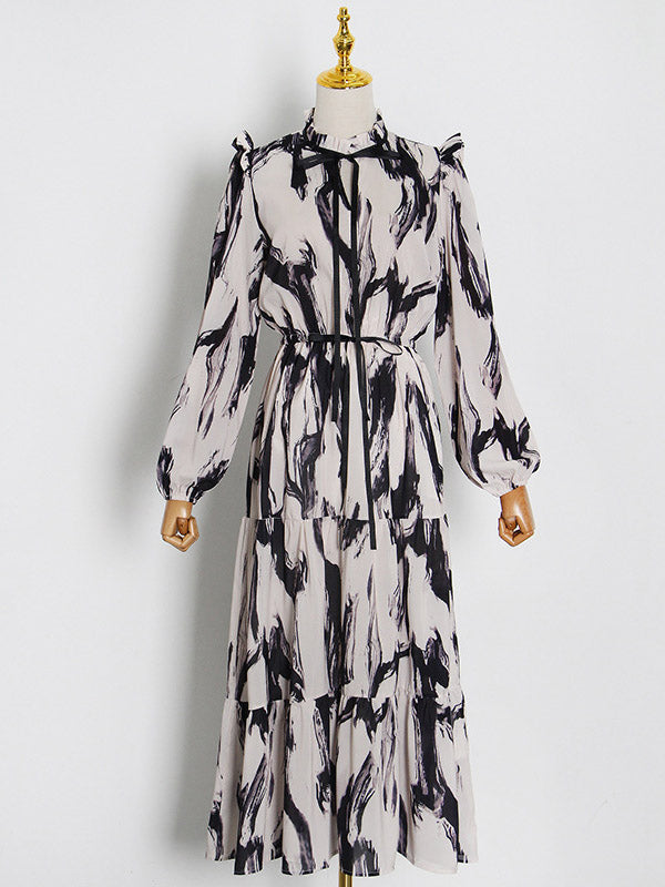 Elasticity Hollow Printed Split-Joint Tied Long Sleeves Loose Mock Neck Midi Dresses
