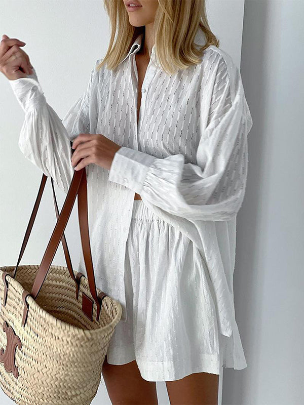 Buttoned Jacquard High-Low Long Sleeves Solid Color Lapel Shirts Top +Shorts Bottom Two Pieces Set